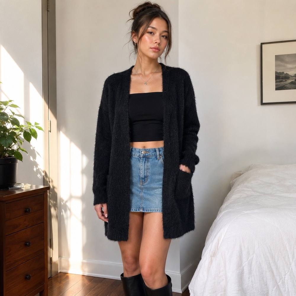 Black Fuzzy Longline Open Front Cardigan Forever 21 Size M
